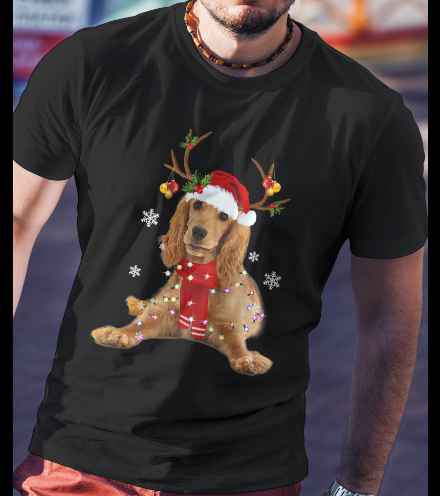 Cocker Spaniel In Santa Hat With Christmas Lights And Reindeer Antlers T-Shirt