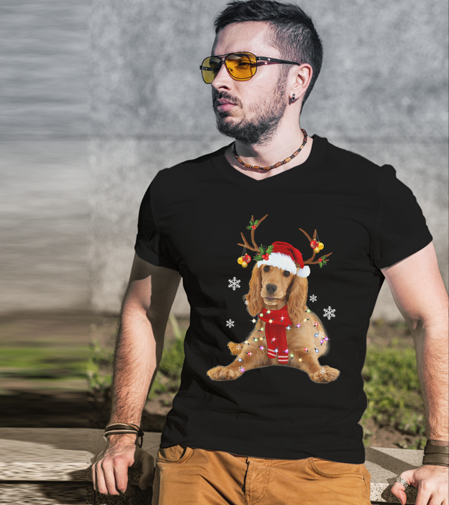 Cocker Spaniel In Santa Hat With Christmas Lights And Reindeer Antlers T-Shirt