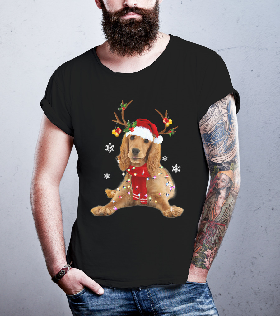 Cocker Spaniel In Santa Hat With Christmas Lights And Reindeer Antlers T-Shirt
