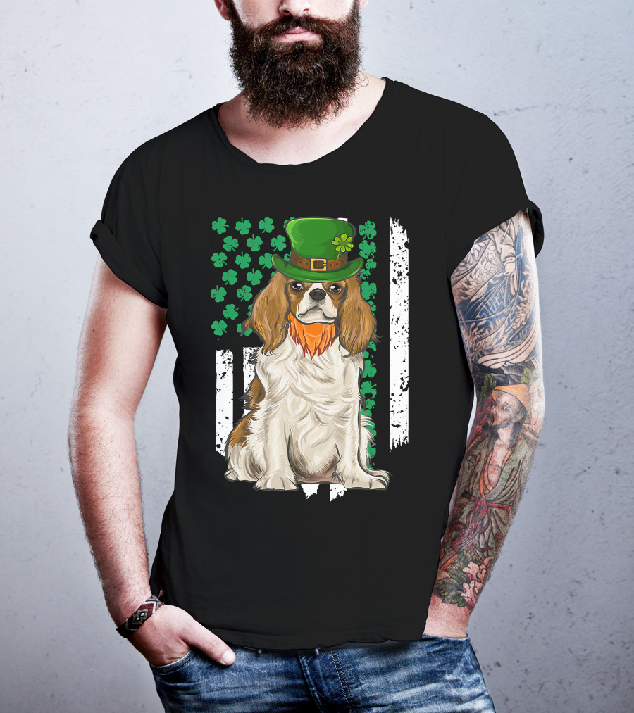 King Charles Spaniel St Patricks Day Irish Dog With Green Hat And Shamrocks T-Shirt