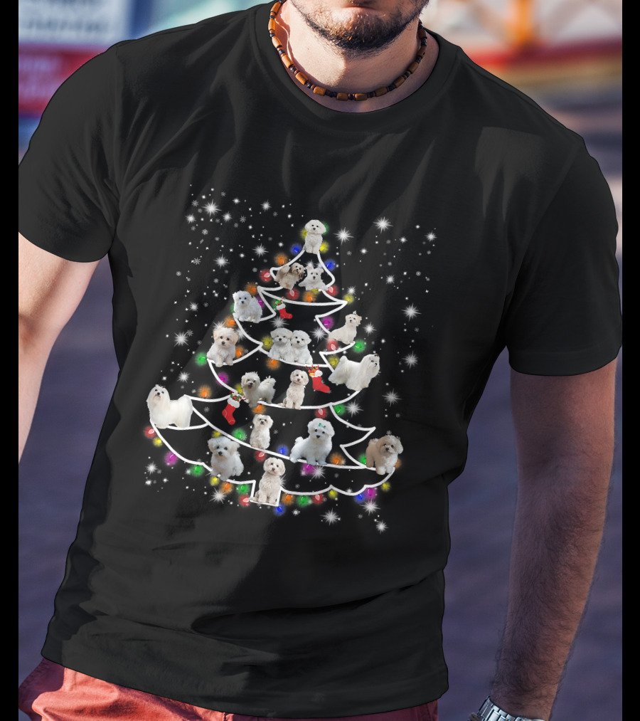 Maltese Dogs Christmas Tree Fairy Light Holiday Scene T-Shirt