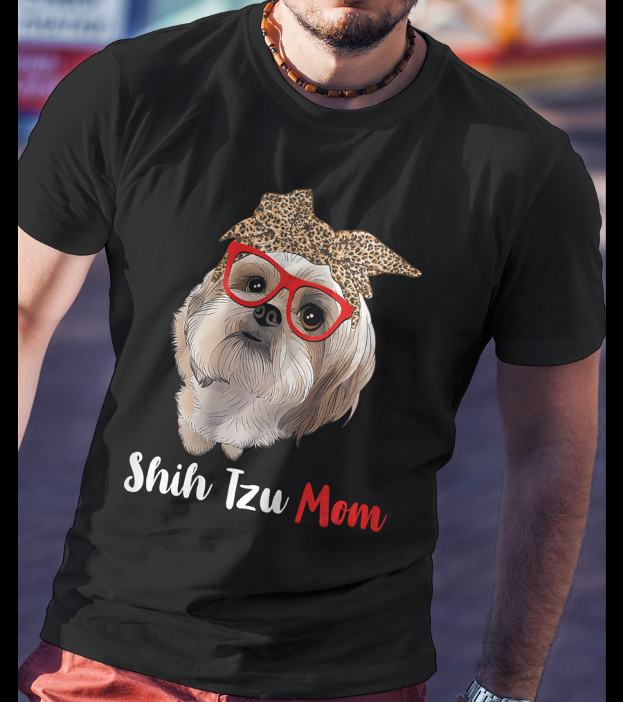 Shih Tzu Mom Leopard Print Bow Cute Dog Lover Red Glasses T-Shirt