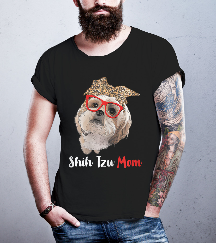 Shih Tzu Mom Leopard Print Bow Cute Dog Lover Red Glasses T-Shirt