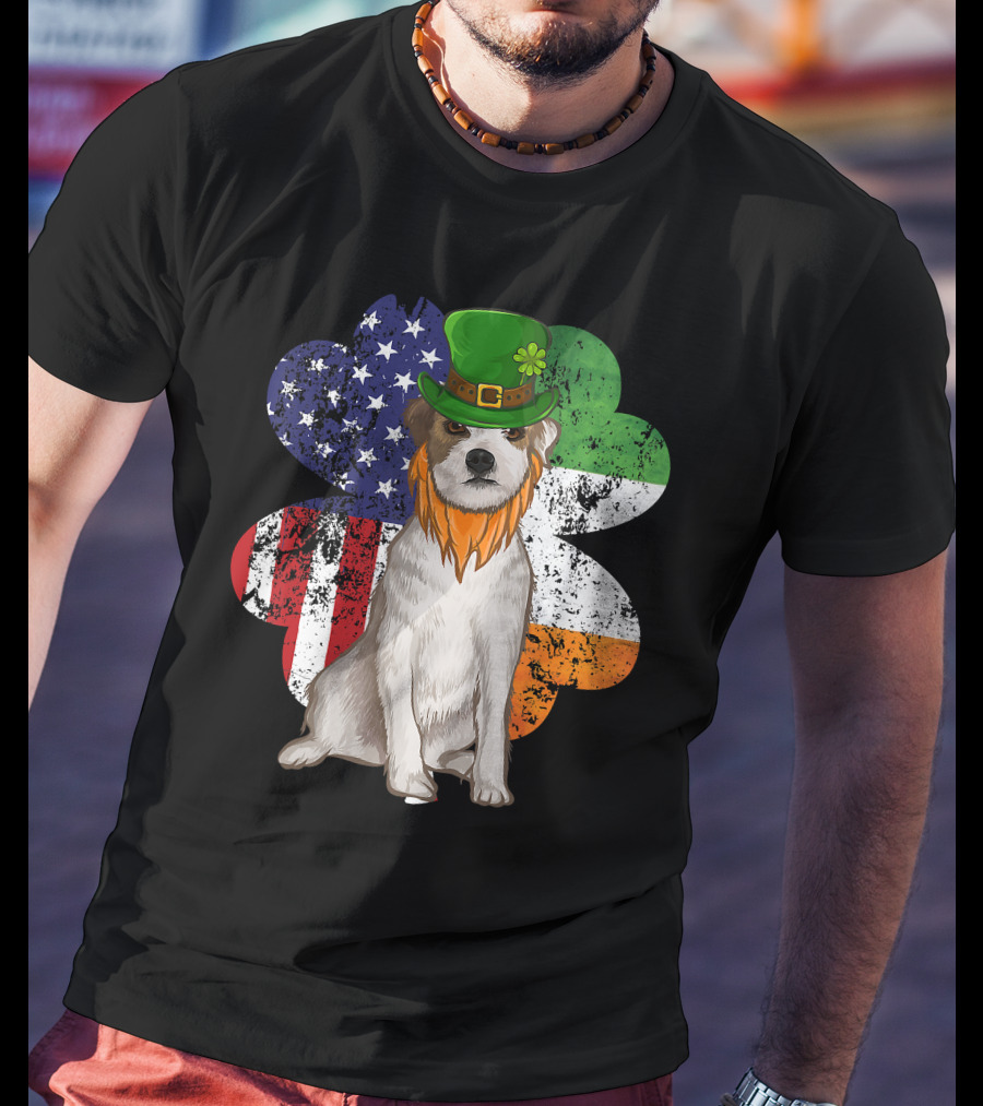 Irish American Parson Terrier Wearing Leprechaun Hat With USA And Ireland Flags Shamrock St. Patrick's Day T-Shirt
