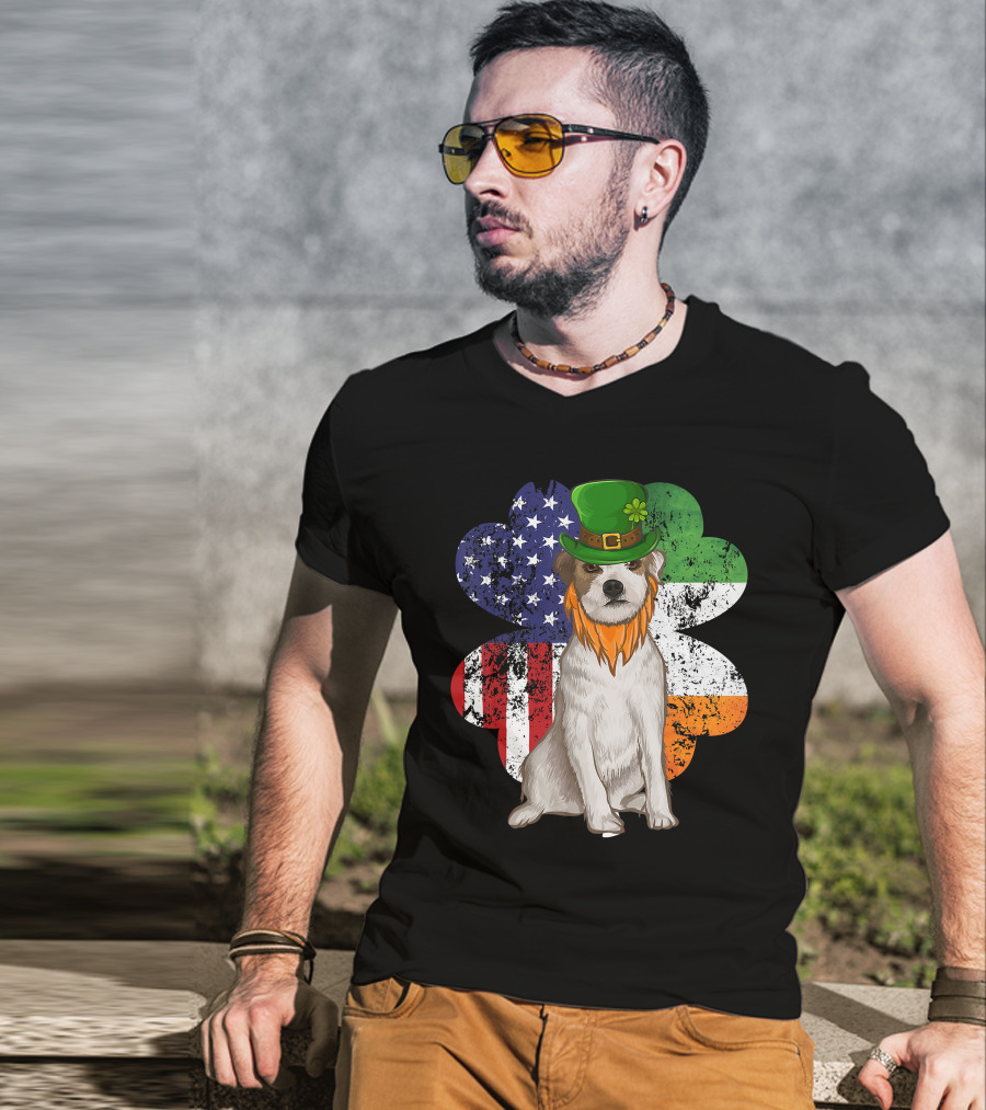 Irish American Parson Terrier Wearing Leprechaun Hat With USA And Ireland Flags Shamrock St. Patrick's Day T-Shirt