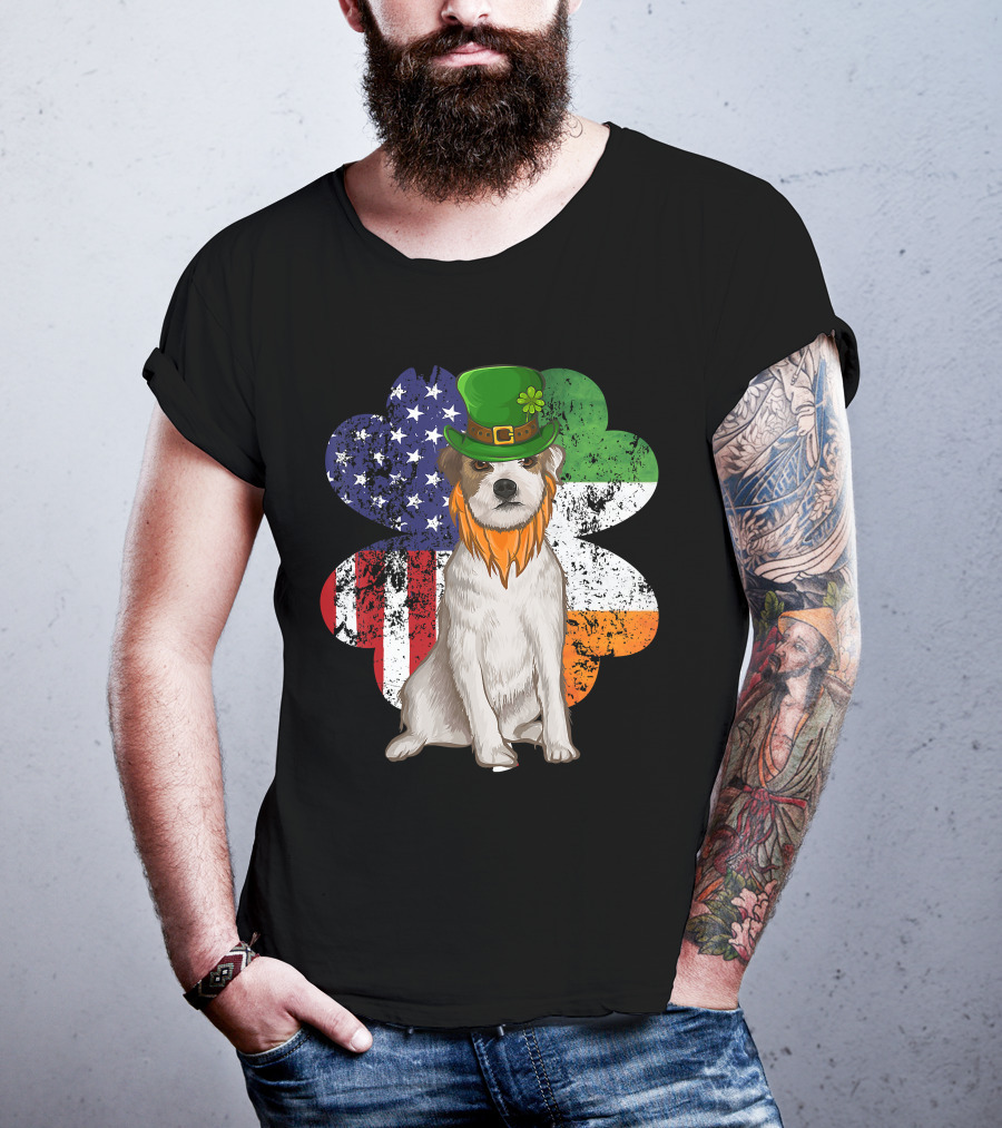 Irish American Parson Terrier Wearing Leprechaun Hat With USA And Ireland Flags Shamrock St. Patrick's Day T-Shirt