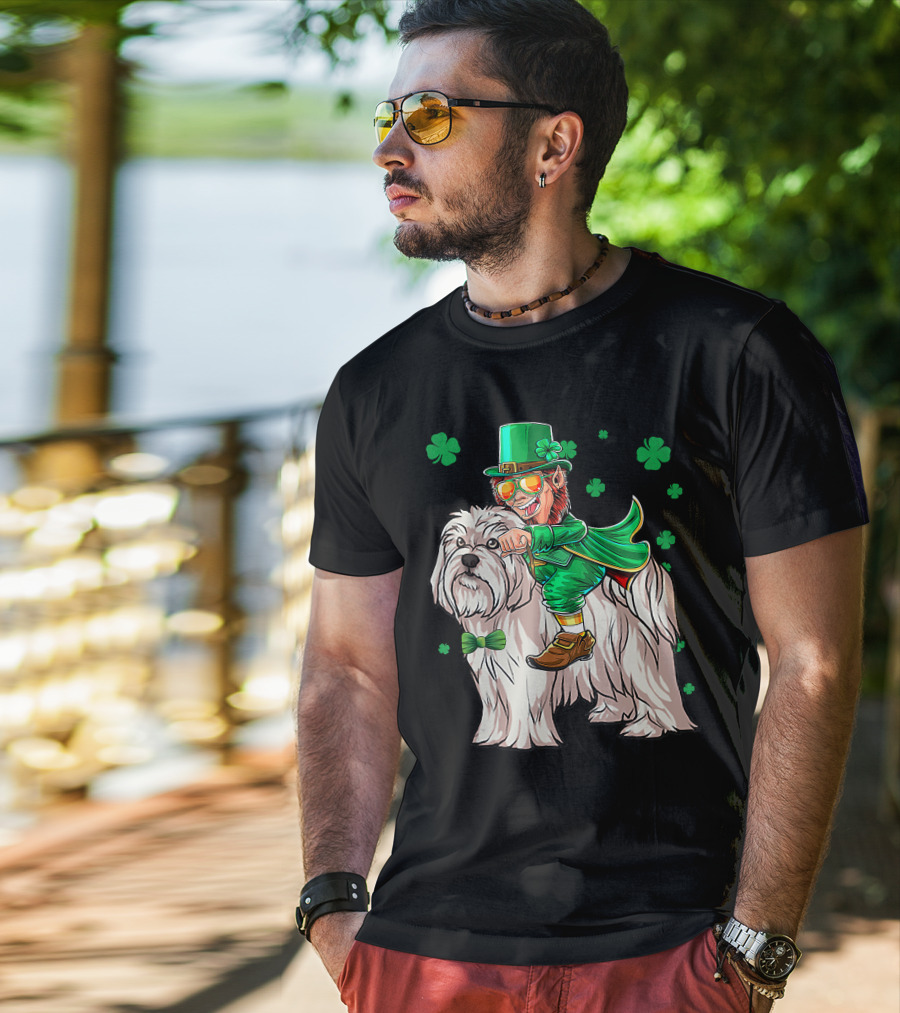 Leprechaun Riding Maltese Dog With Shamrocks T-Shirt