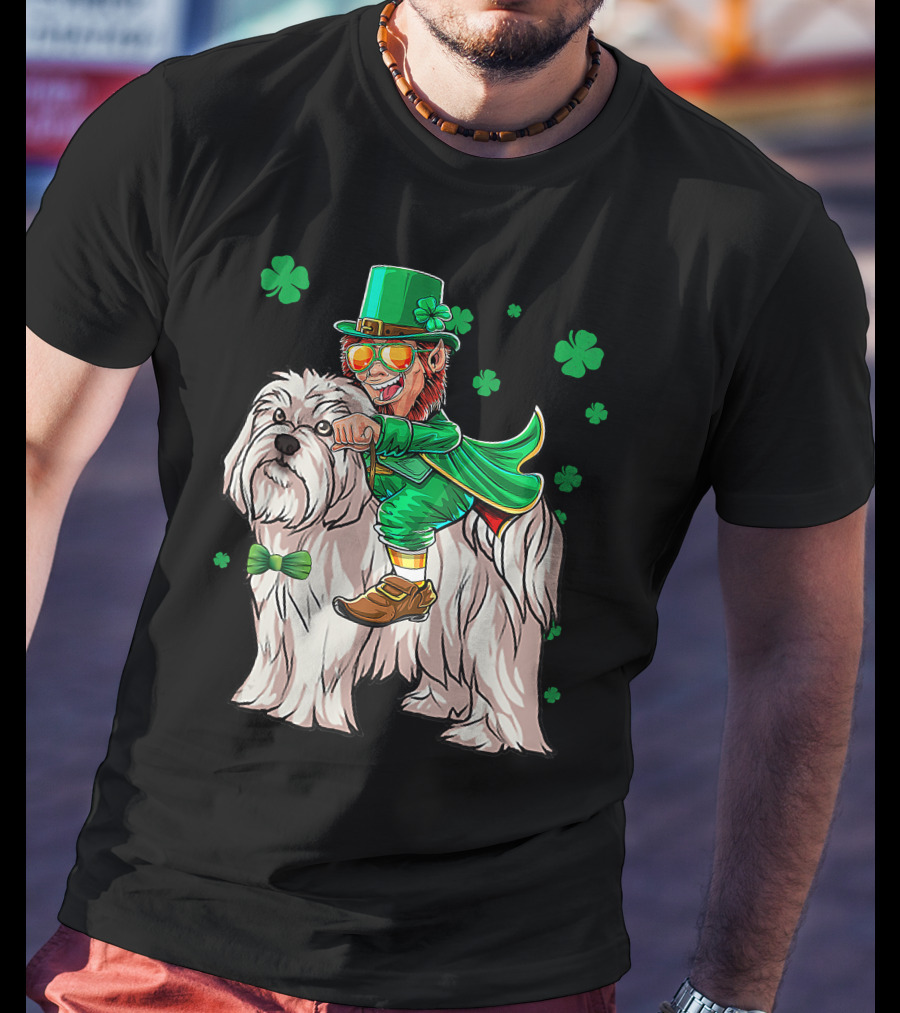 Leprechaun Riding Maltese Dog With Shamrocks T-Shirt