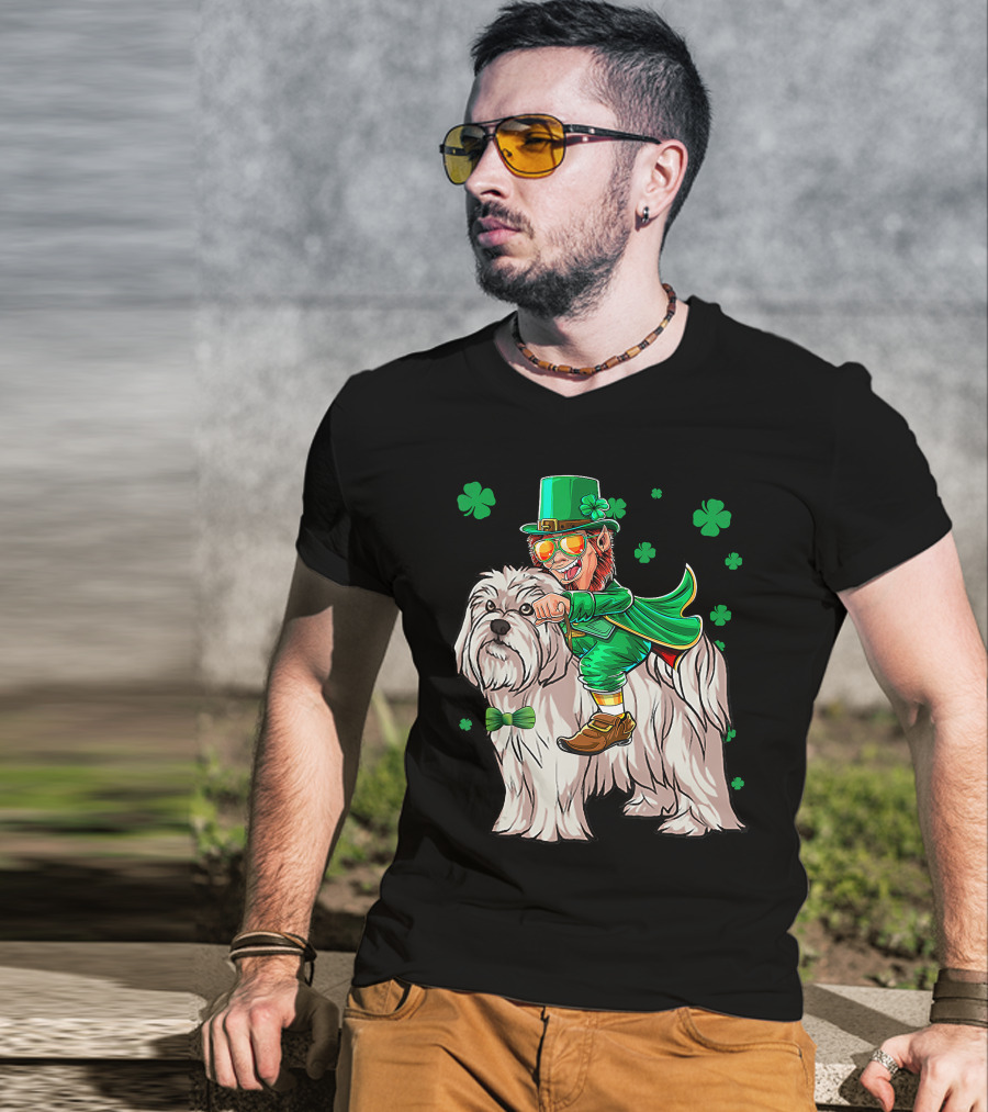 Leprechaun Riding Maltese Dog With Shamrocks T-Shirt