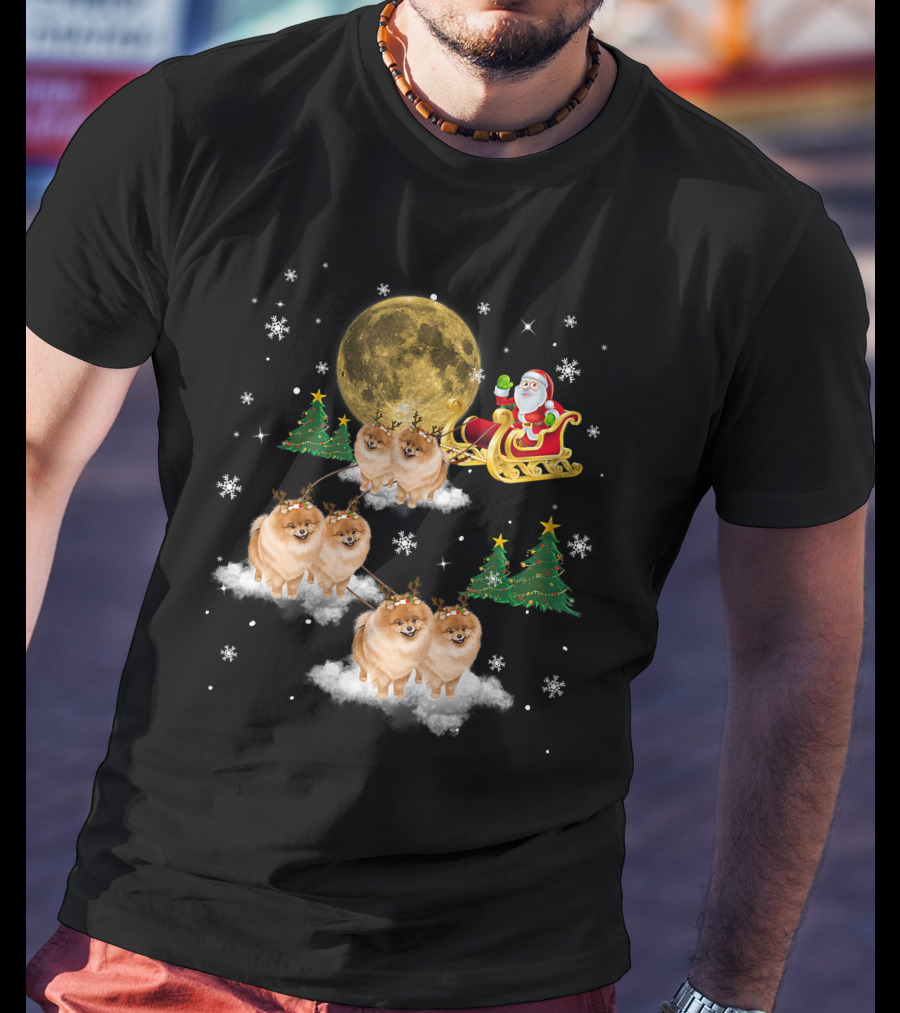 Pomeranian Christmas Santa Sled With Reindeer Funny Dog Love T-Shirt
