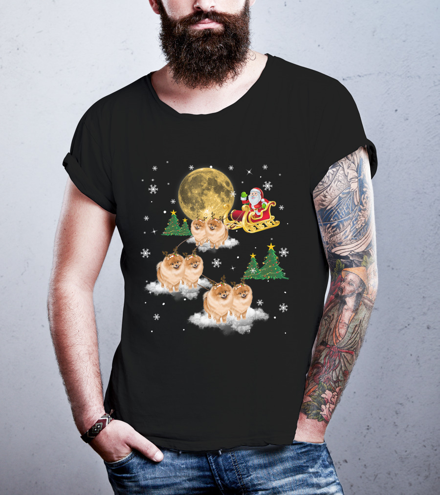 Pomeranian Christmas Santa Sled With Reindeer Funny Dog Love T-Shirt