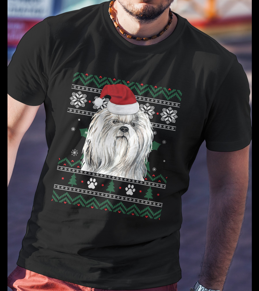 Cute Shih Tzu Dog Wears Santa Hat Christmas Pattern Snowflakes And Trees T-Shirt