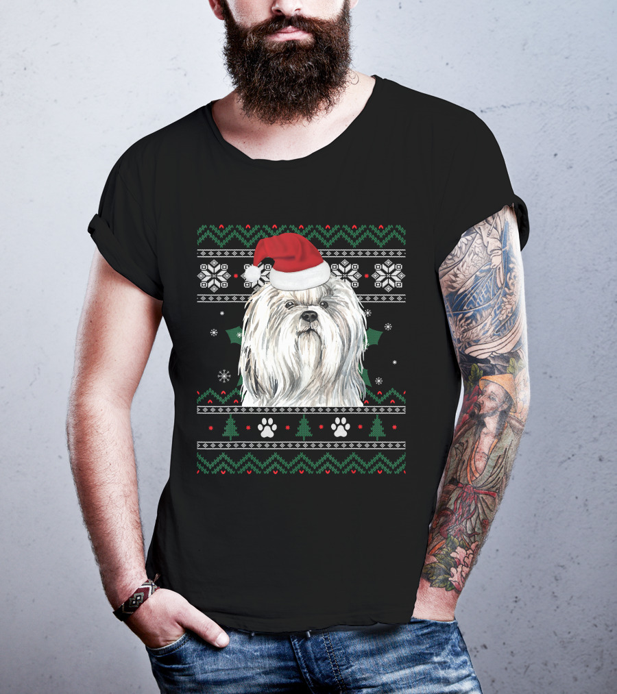 Cute Shih Tzu Dog Wears Santa Hat Christmas Pattern Snowflakes And Trees T-Shirt
