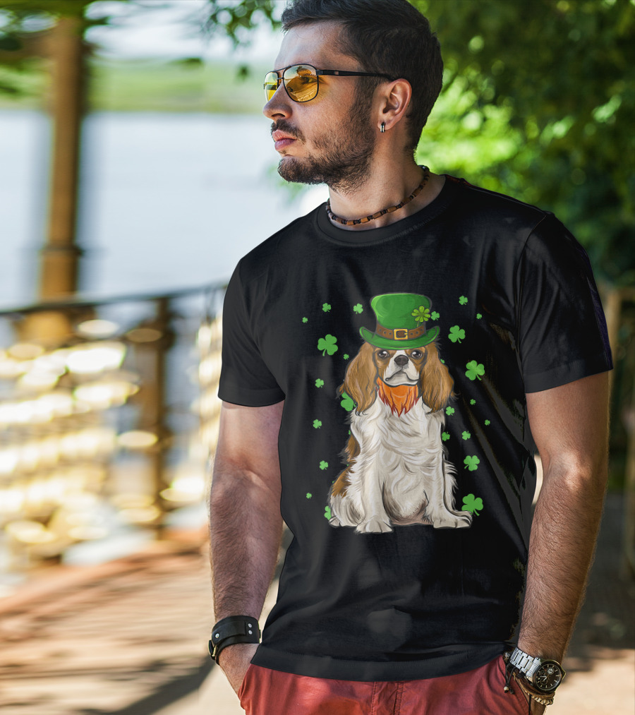 St Patricks Day Cavalier King Charles Spaniel Green Hat Clover T-Shirt