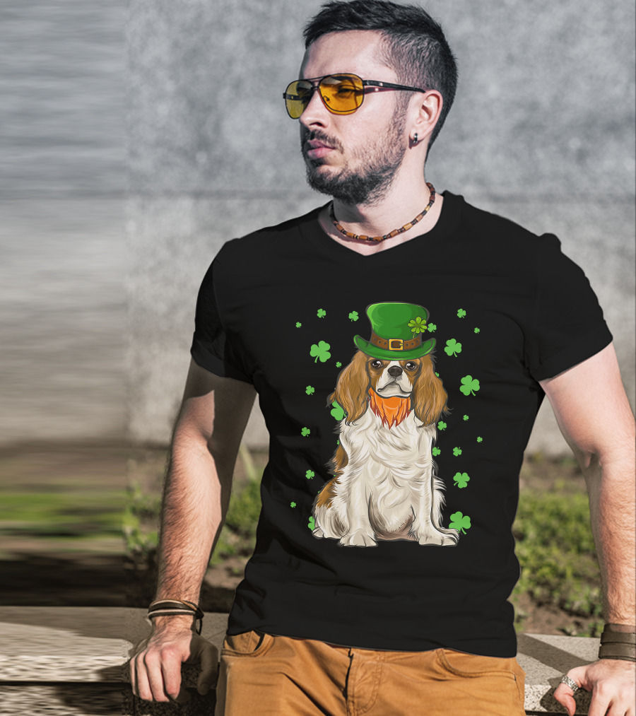 St Patricks Day Cavalier King Charles Spaniel Green Hat Clover T-Shirt