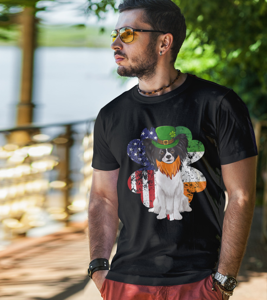 St Patricks Day Irish American Flag Papillon Dog With Leprechaun Hat And Shamrock T-Shirt