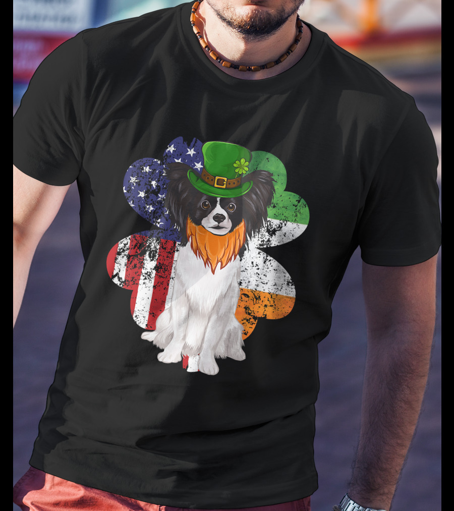 St Patricks Day Irish American Flag Papillon Dog With Leprechaun Hat And Shamrock T-Shirt