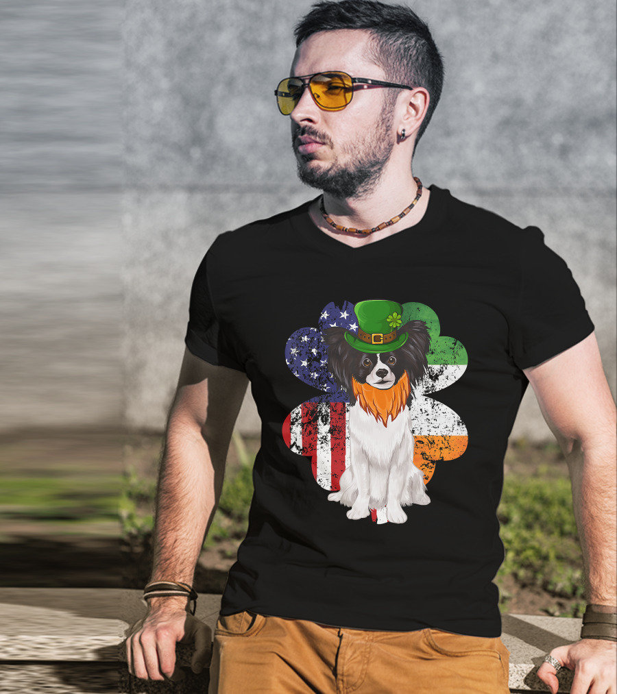 St Patricks Day Irish American Flag Papillon Dog With Leprechaun Hat And Shamrock T-Shirt