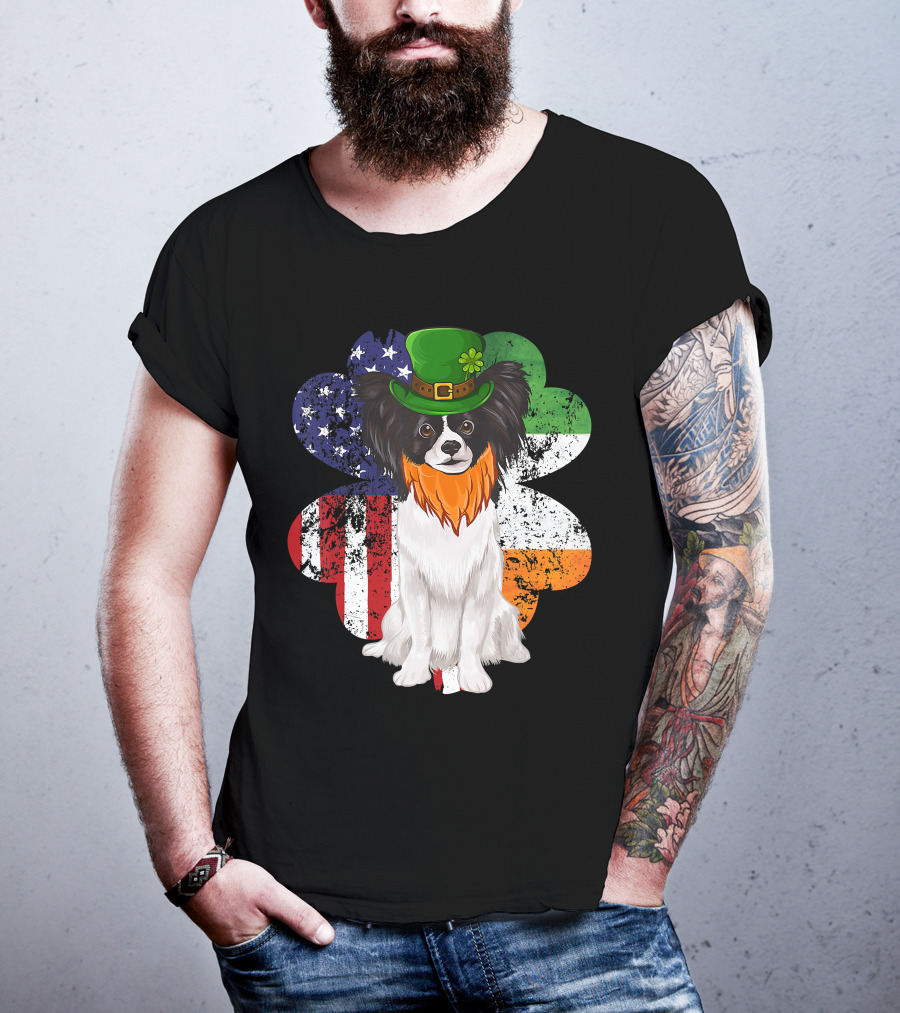 St Patricks Day Irish American Flag Papillon Dog With Leprechaun Hat And Shamrock T-Shirt