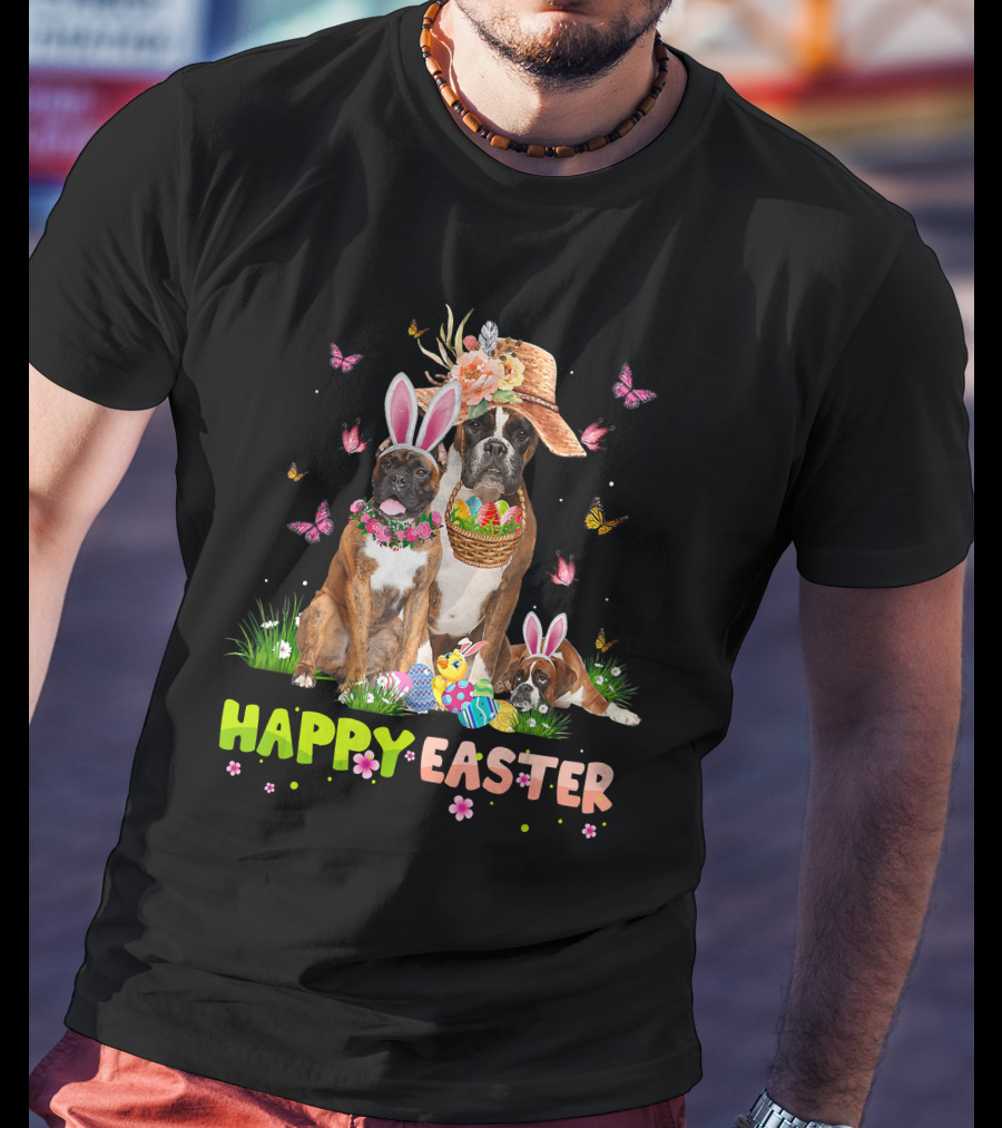 Boxer Dog Happy Easter Bunny Hat Eggs Butterflies T-Shirt