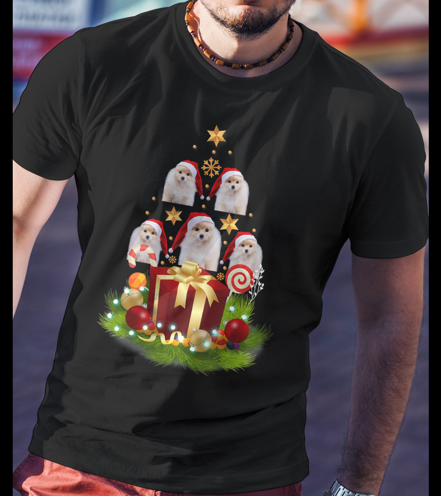 Santa Pomeranian Christmas Tree With Presents And Candy Canes T-Shirt