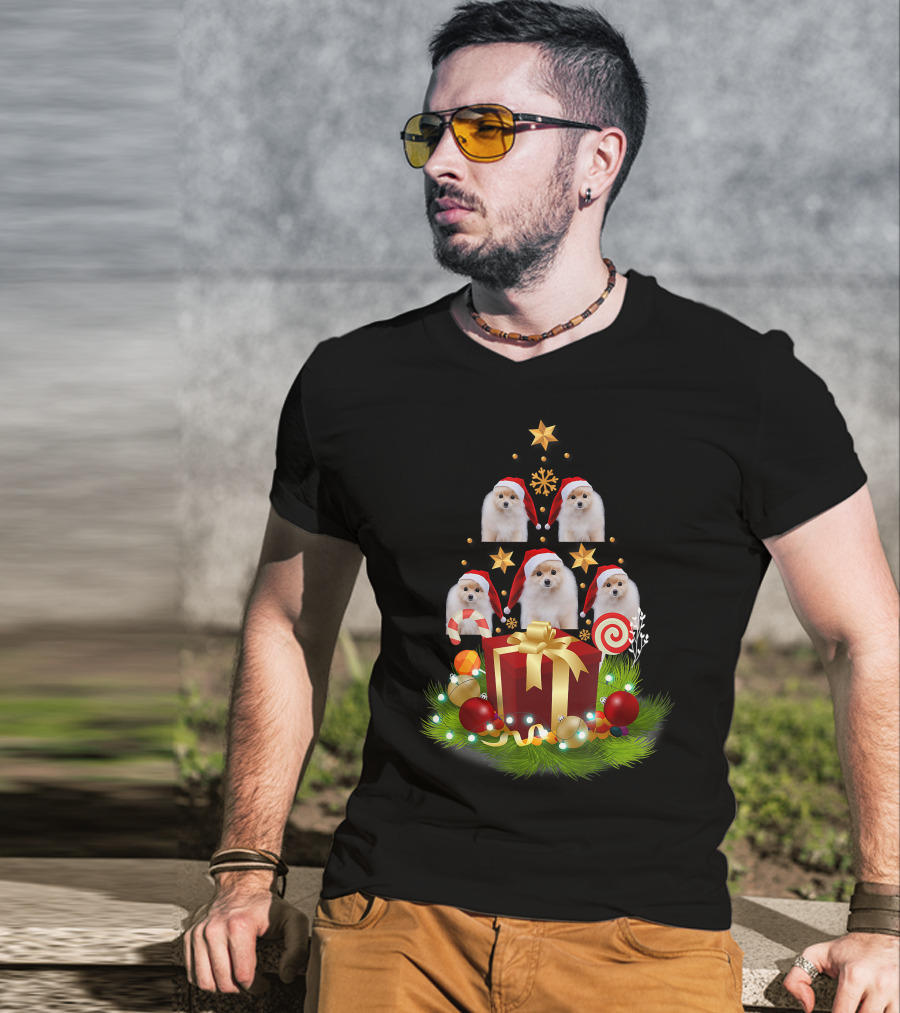 Santa Pomeranian Christmas Tree With Presents And Candy Canes T-Shirt