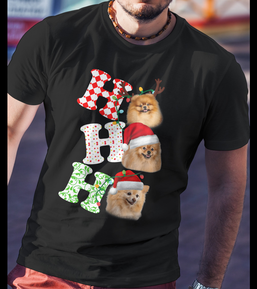 Ho Ho Ho Pomeranian Santa Hat Reindeer Antlers Christmas T-Shirt
