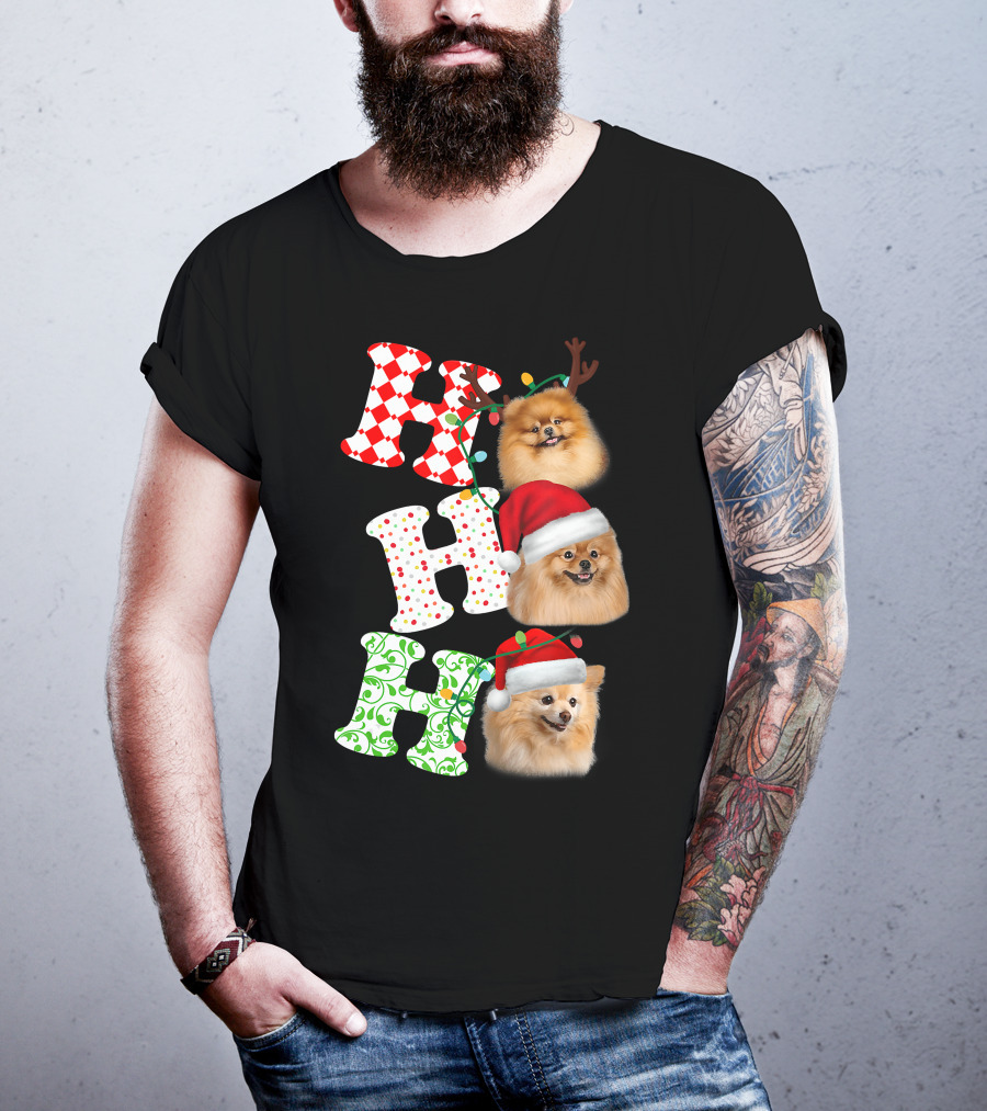 Ho Ho Ho Pomeranian Santa Hat Reindeer Antlers Christmas T-Shirt