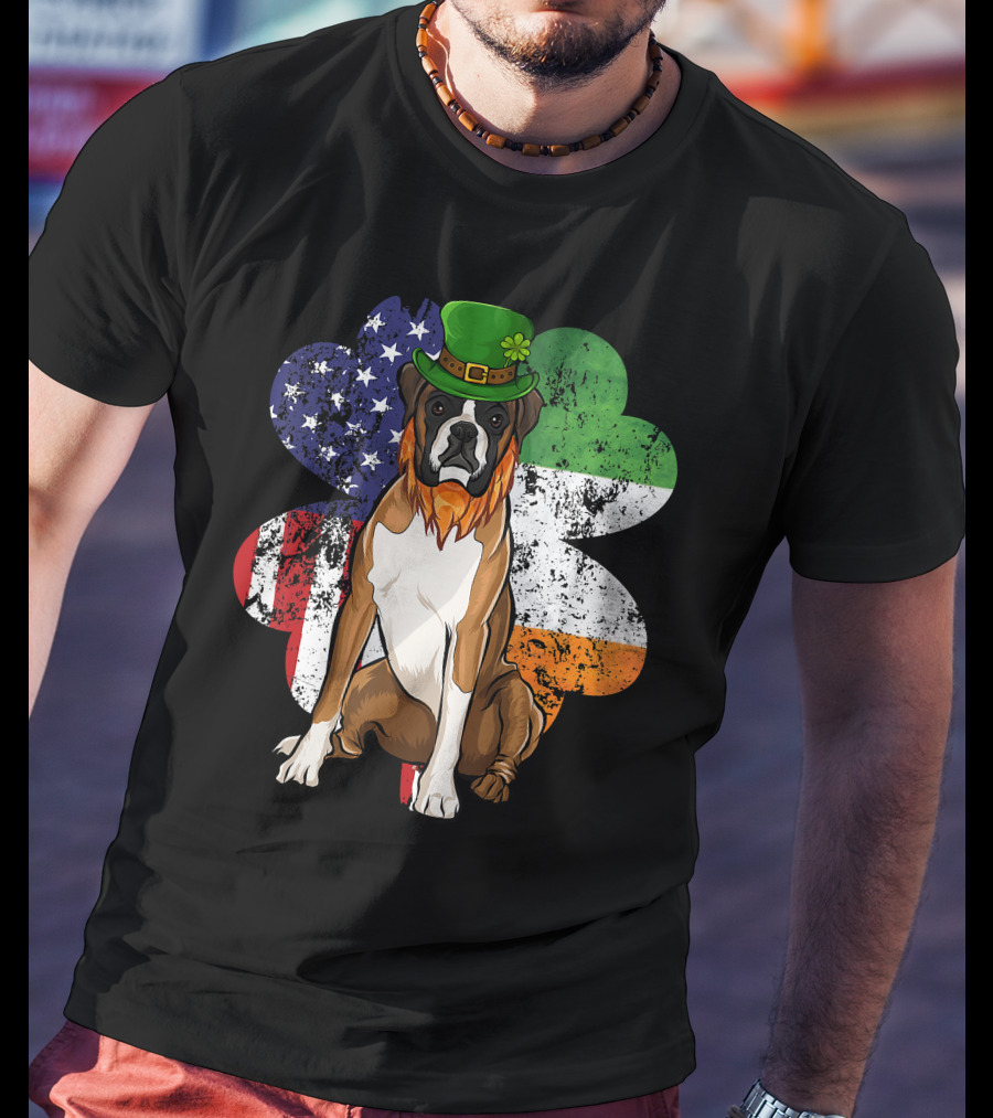 St Patricks Day Boxer Dog With Irish American Flag Shamrock T-Shirt