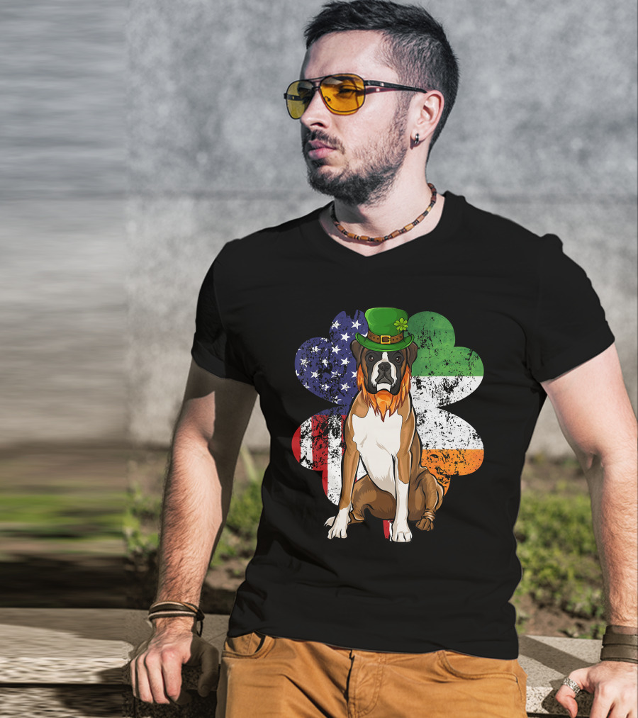 St Patricks Day Boxer Dog With Irish American Flag Shamrock T-Shirt