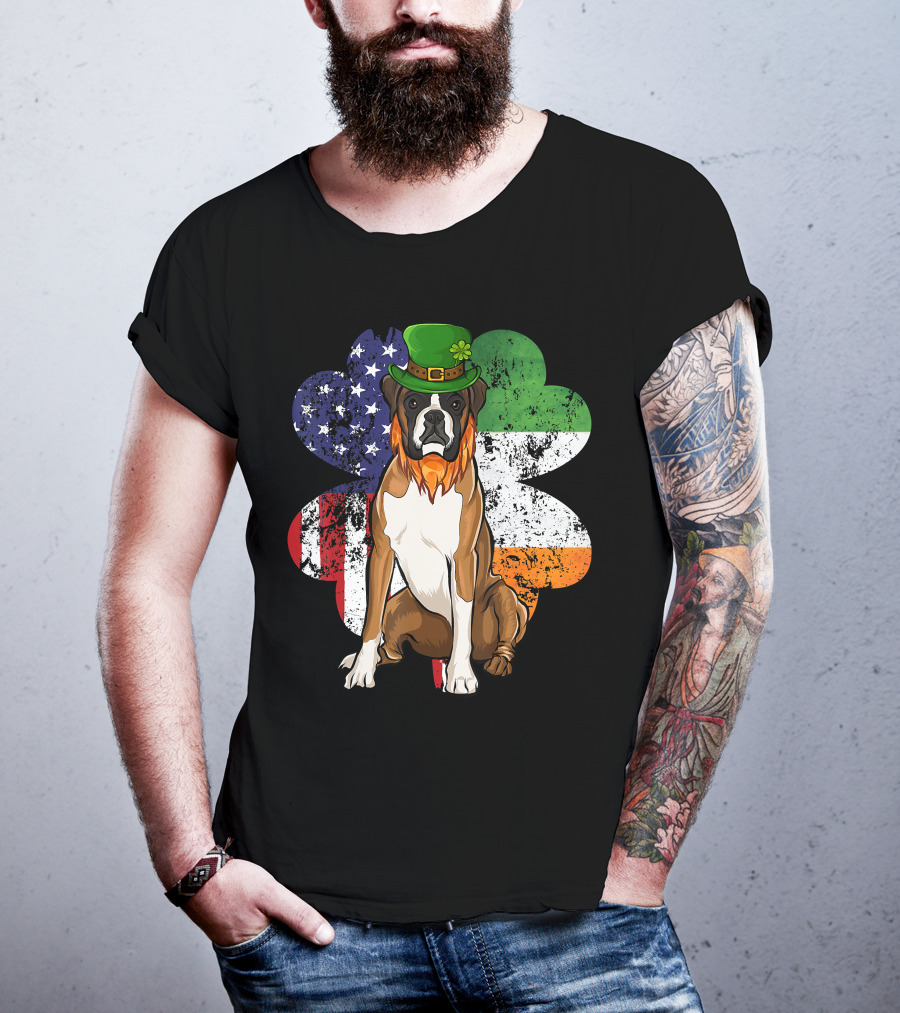 St Patricks Day Boxer Dog With Irish American Flag Shamrock T-Shirt