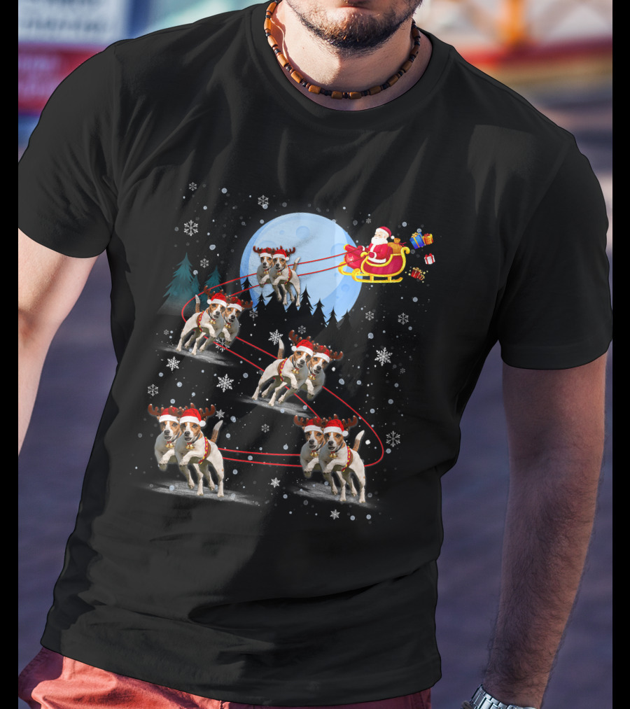 Jack Russell Reindeer Pulling Santa Sleigh Under Moonlit Snowfall T-Shirt