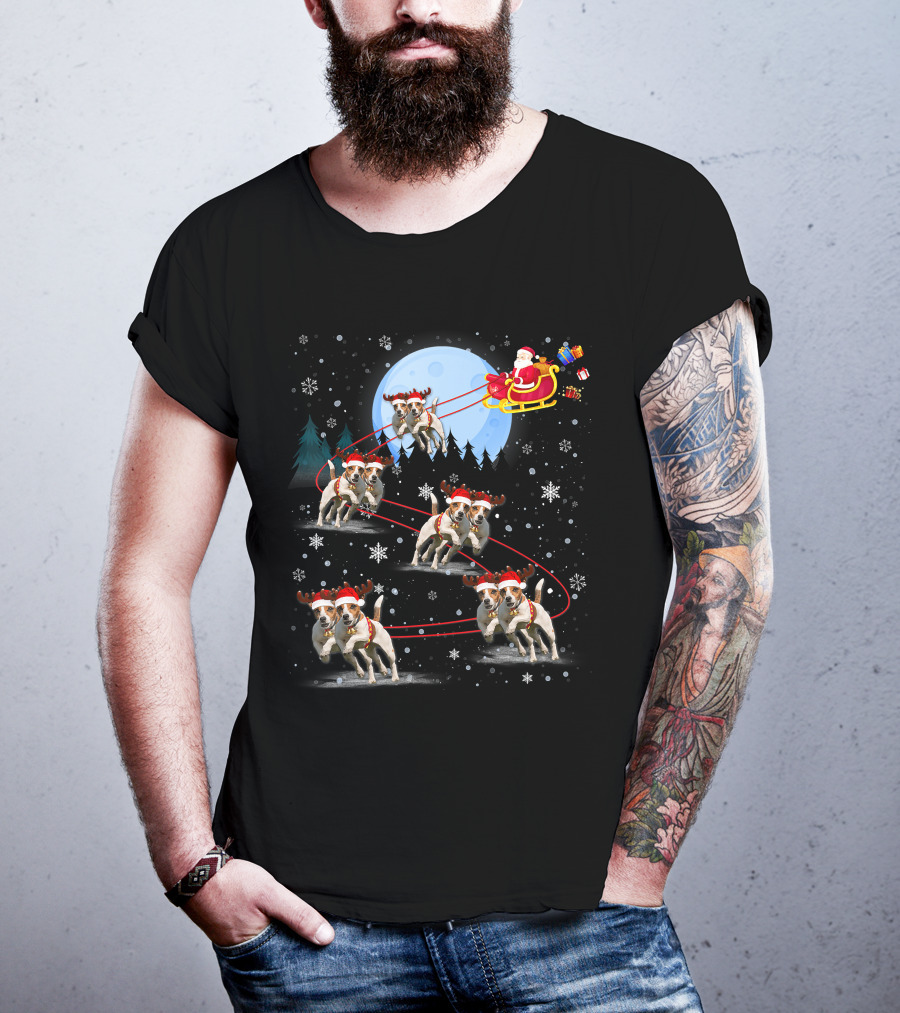 Jack Russell Reindeer Pulling Santa Sleigh Under Moonlit Snowfall T-Shirt