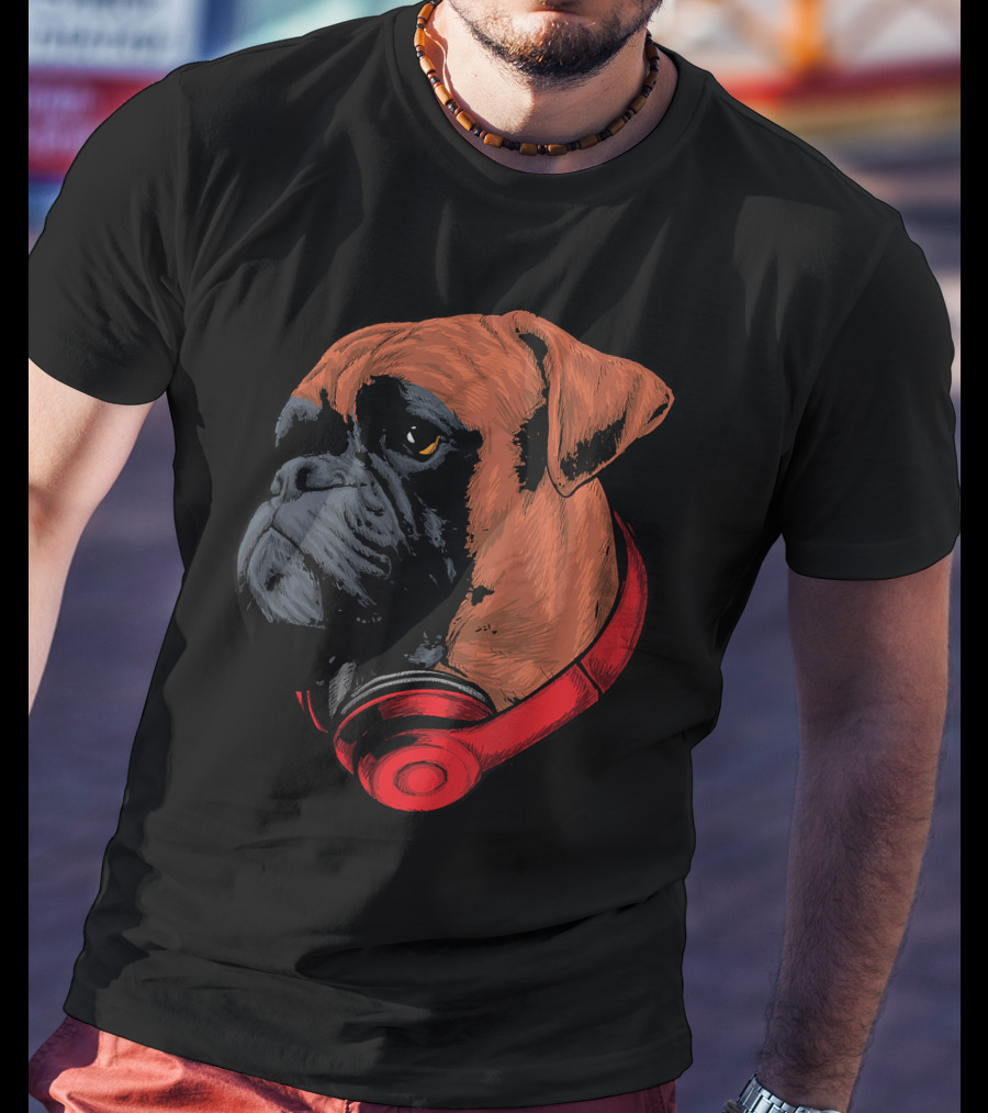 Boxer Dog With Red Headphones Cool Gaming T-Shirt