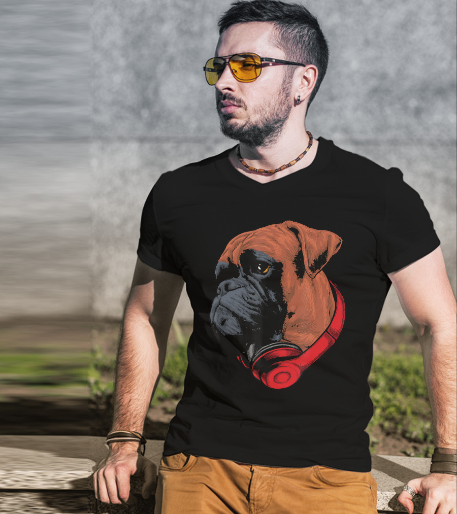 Boxer Dog With Red Headphones Cool Gaming T-Shirt