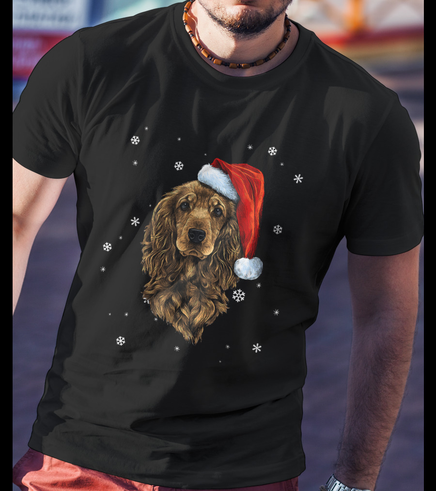 Cocker Spaniel Christmas Dog With Santa Hat And Snowflakes T-Shirt