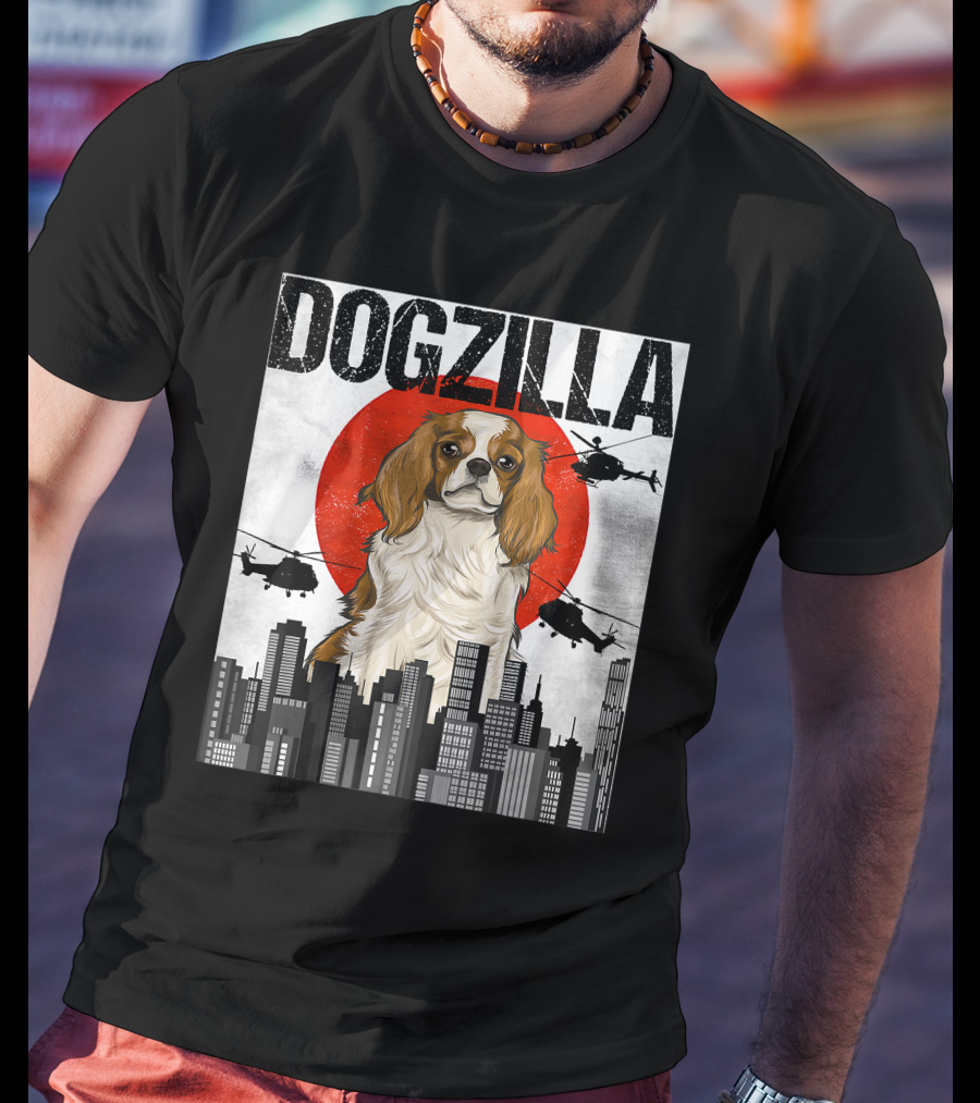 Funny Japanese Dogzilla Cavalier King Charles Helicopter City Skyline T-Shirt