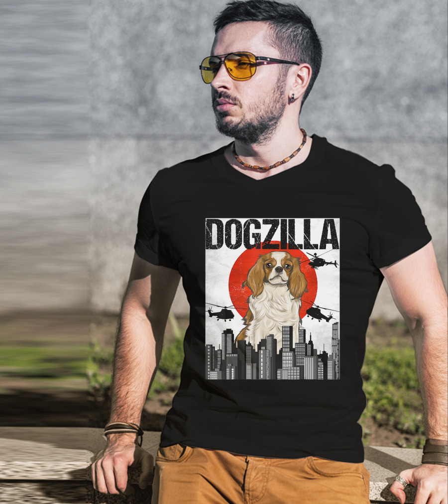 Funny Japanese Dogzilla Cavalier King Charles Helicopter City Skyline T-Shirt