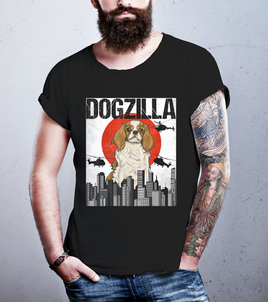 Funny Japanese Dogzilla Cavalier King Charles Helicopter City Skyline T-Shirt