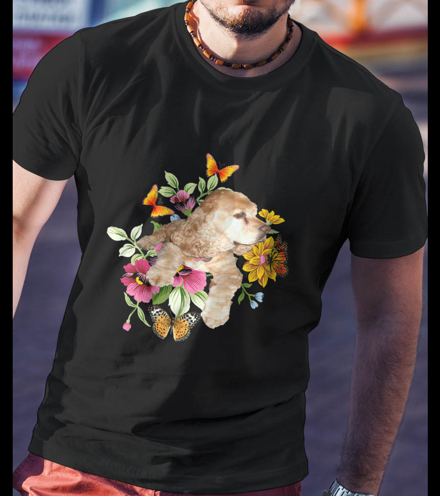 Cocker Spaniel Floral Background Butterflies Loyal Family T-Shirt