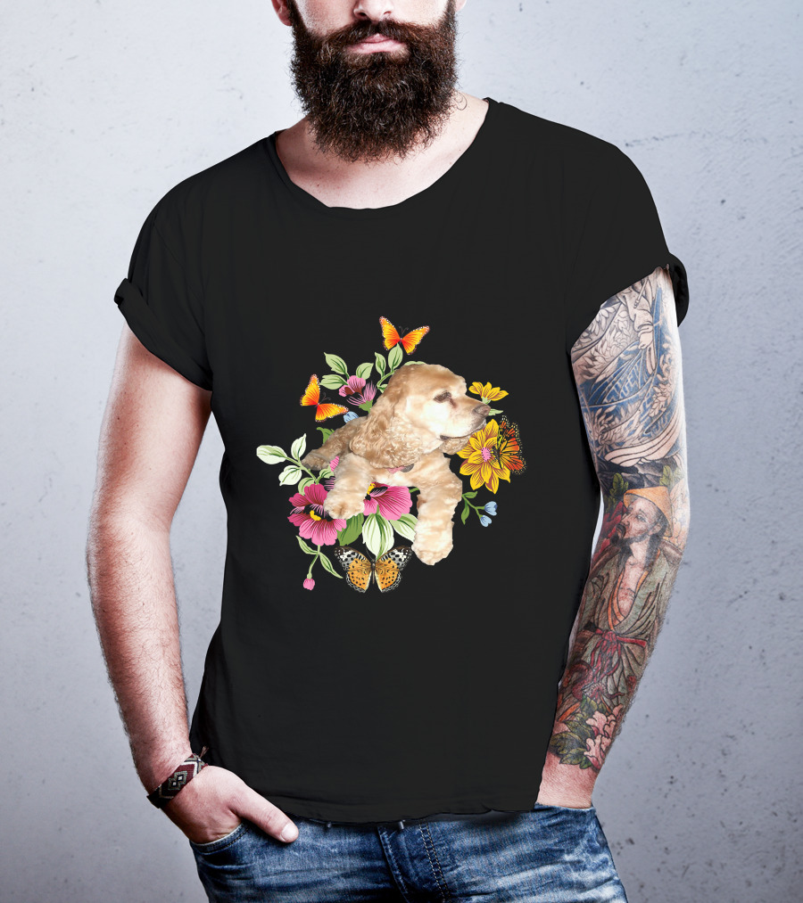 Cocker Spaniel Floral Background Butterflies Loyal Family T-Shirt