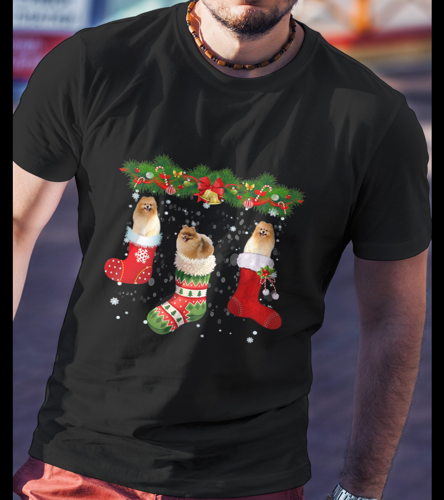 Three Pomeranian Dogs In Christmas Stockings Santa Holiday T-Shirt