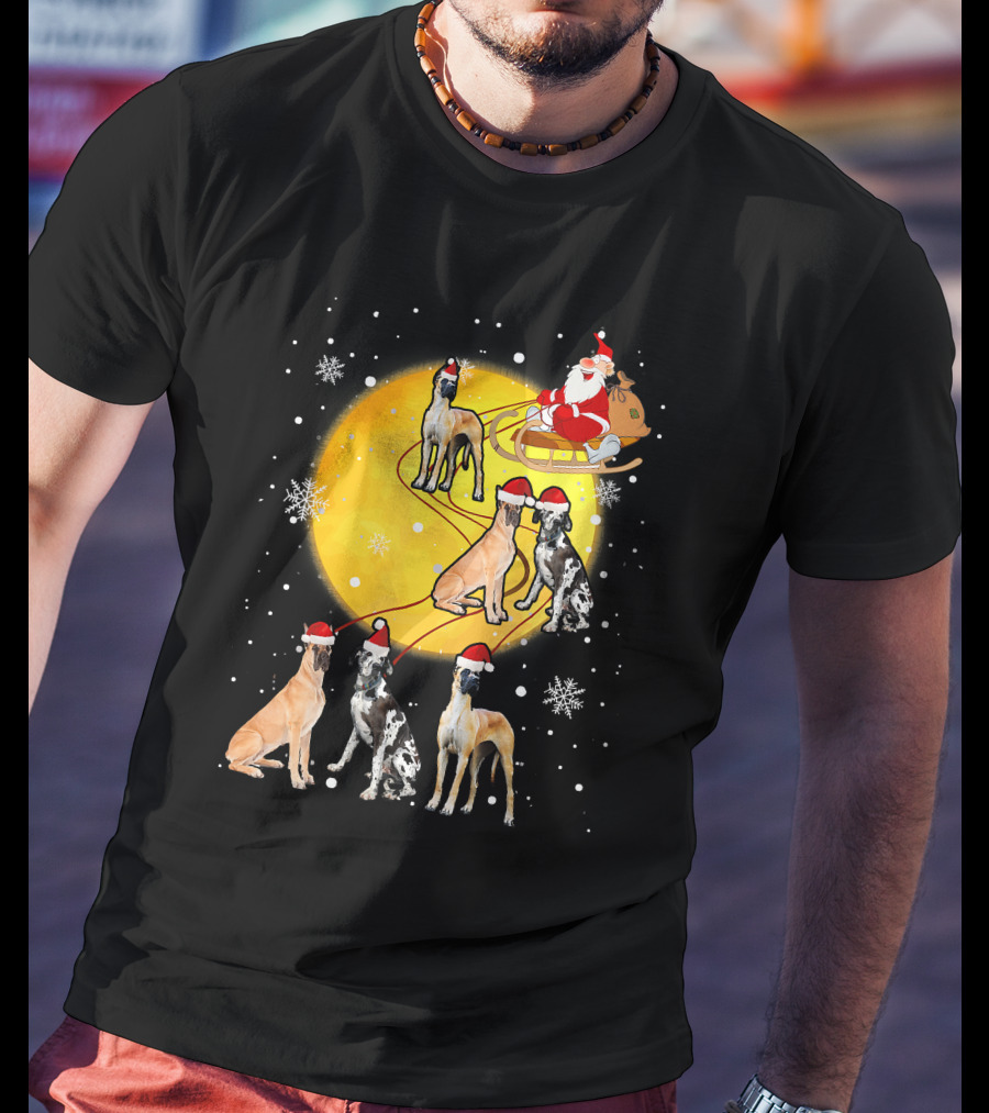 Santa Claus Sleigh Great Dane Reindeer Pack Moon Snowflakes T-Shirt