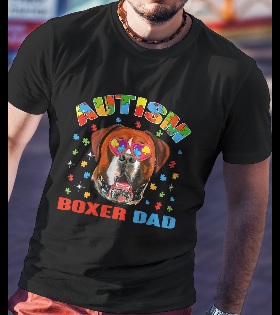 Autism Awareness Boxer Dog Dad With Heart Puzzle Glasses T-Shirt