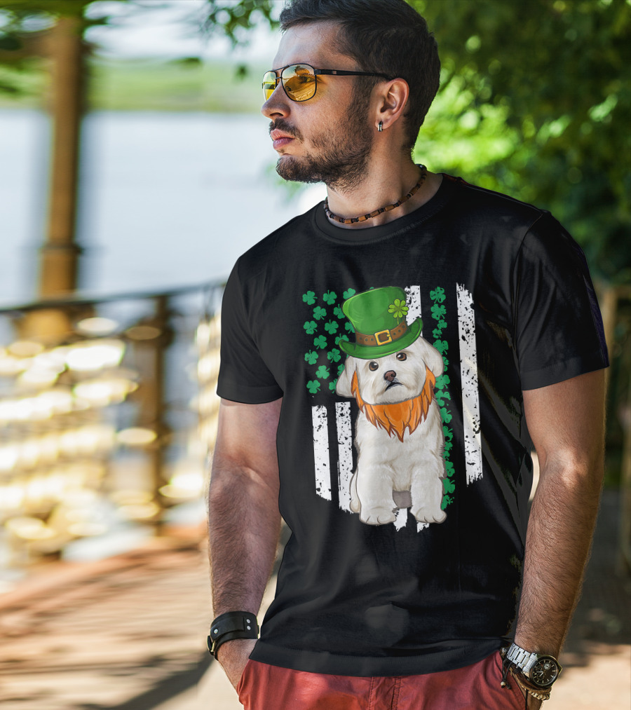 Maltese Dog With Leprechaun Hat And Shamrocks On Irish American Flag For St Patrick's Day T-Shirt