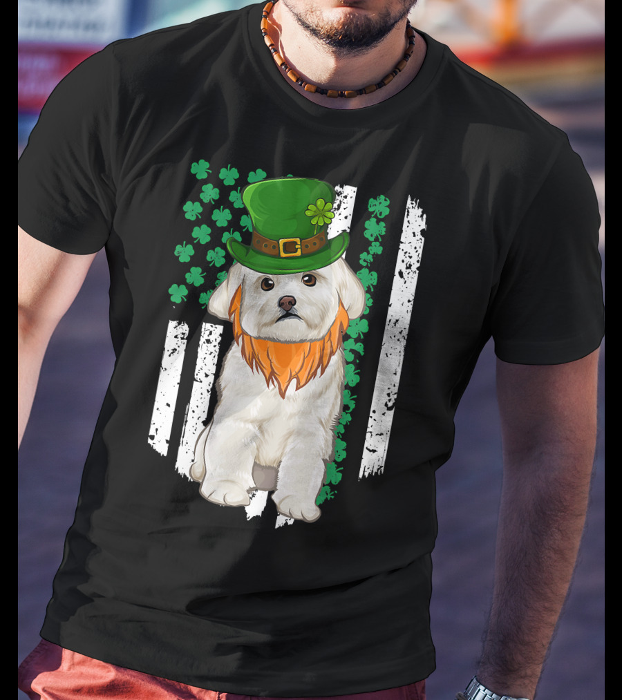 Maltese Dog With Leprechaun Hat And Shamrocks On Irish American Flag For St Patrick's Day T-Shirt