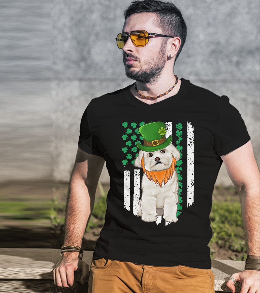 Maltese Dog With Leprechaun Hat And Shamrocks On Irish American Flag For St Patrick's Day T-Shirt