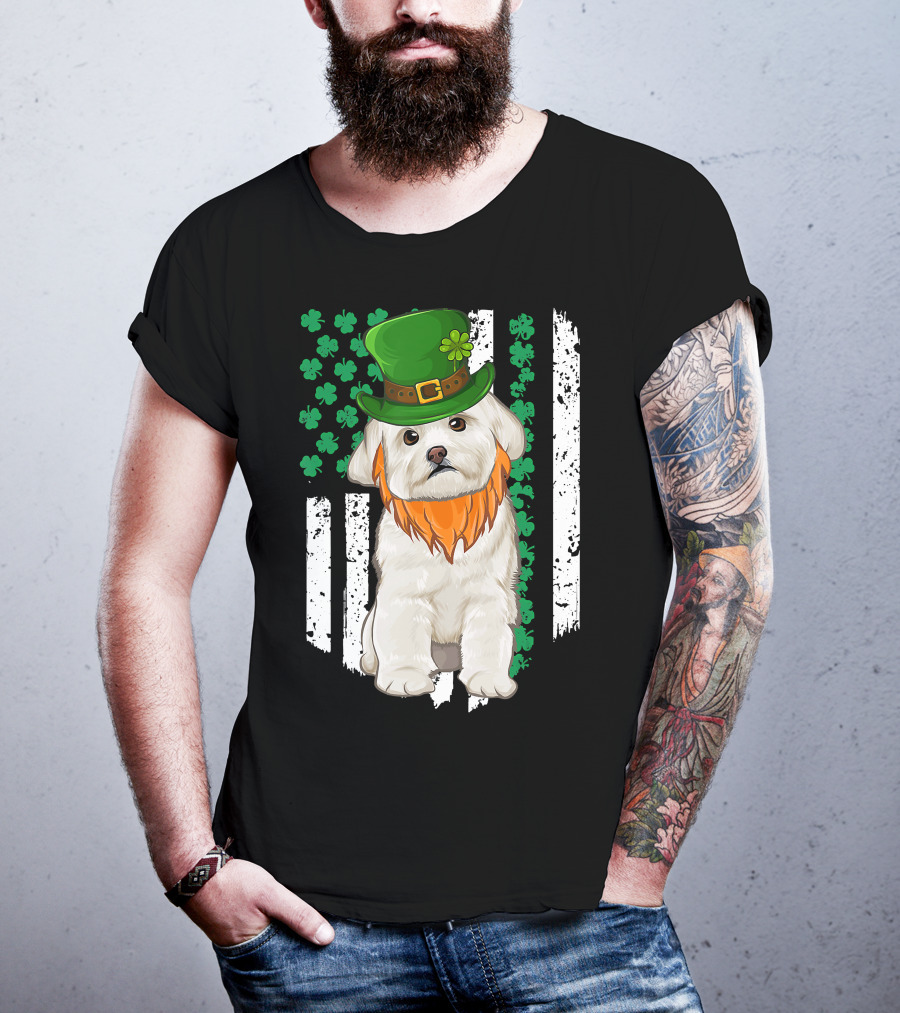 Maltese Dog With Leprechaun Hat And Shamrocks On Irish American Flag For St Patrick's Day T-Shirt