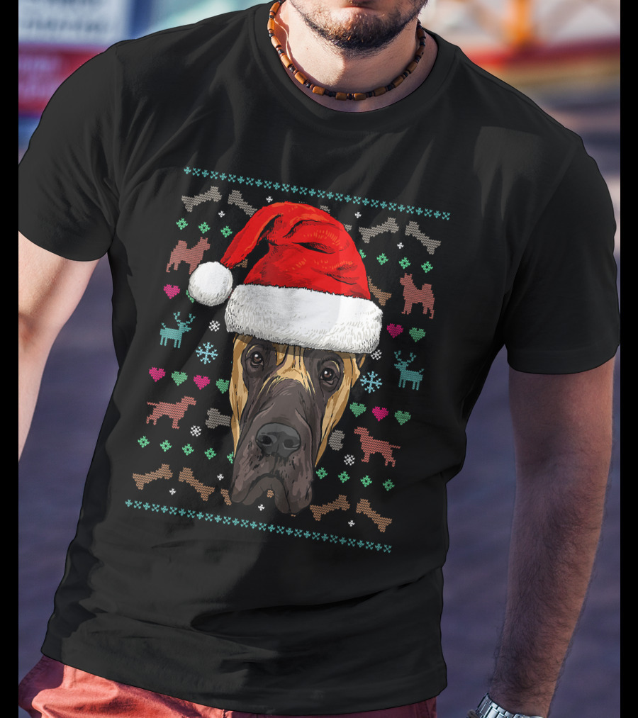 Great Dane Santa Hat Ugly Christmas Dog Reindeer Snowflake Hearts T-Shirt