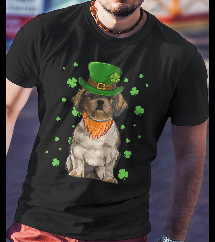 St Patricks Day Shih Tzu Dog With Green Hat And Shamrocks T-Shirt